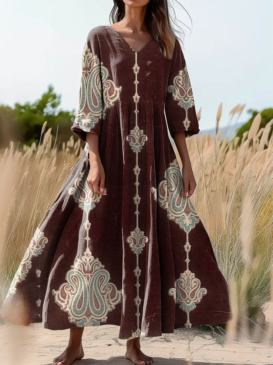 Women's Tattoo Patterned Art Printed Flowing V-Neck Cotton Dress