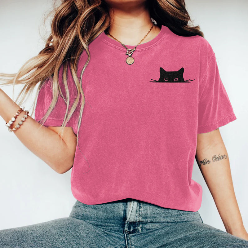 Comstylish Abstract Creative Embroidered Black Cat Art Print T-shirt