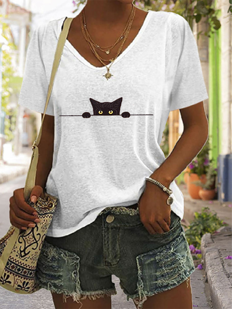 Comstylish Women's Casual Black Cat Print T-shirt