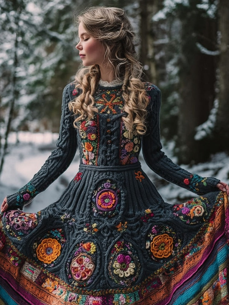 Comstylish Mexican Flowers Embroidered Comfy Flowy Sweater Dress