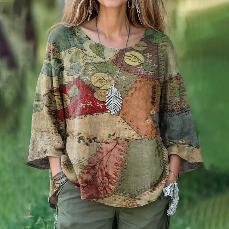 Vintage Japanese Patchwork Sashiko Art Print Crew Neck Casual T-shirt artswardrobe