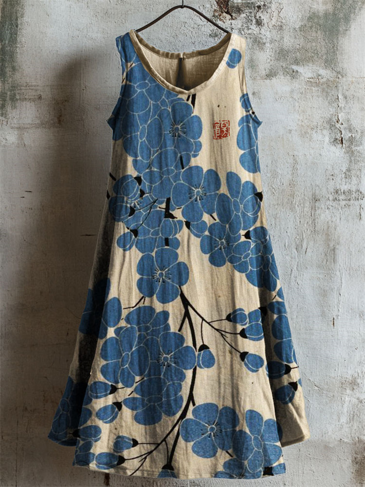 Comstylish Plum Blossom Japanese Pattern Linen Tank Dress