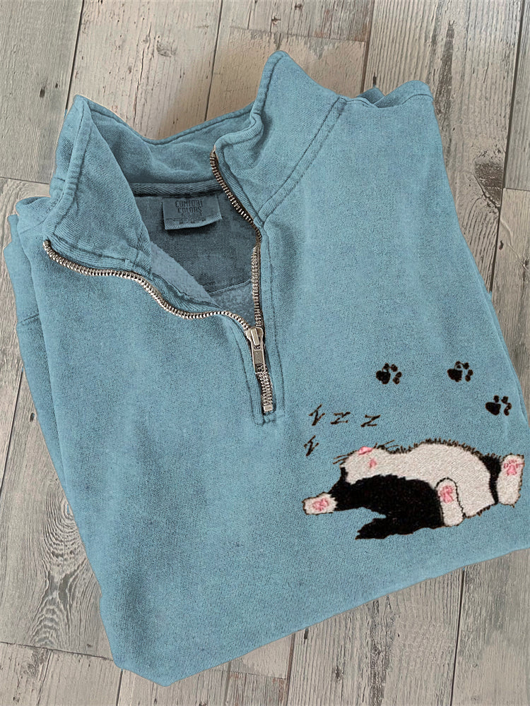 Sleeping Cat Embroidered Text Print Zipper Casual Sweatshirt elevenforest