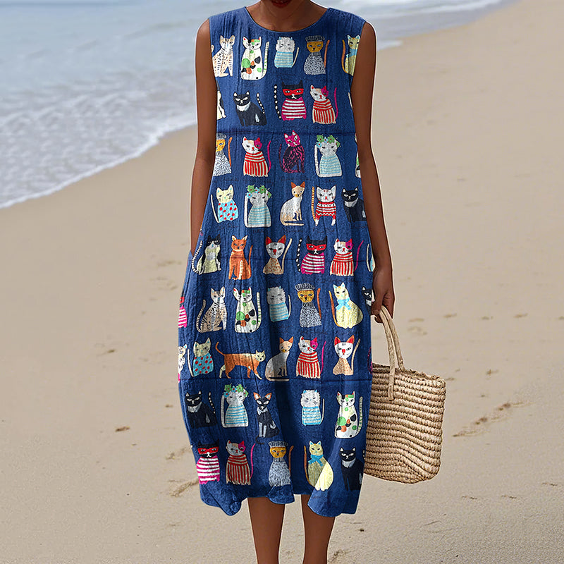 Comstylish Women's Funny Cat Art Print Linen Tank Midi Dress