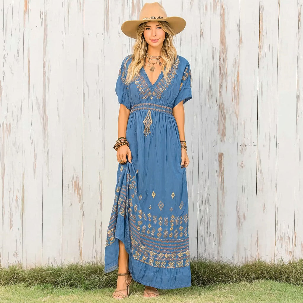 Women's Retro Western Geometric Totem Print Casual Short Sleeve Dress artswardrobe