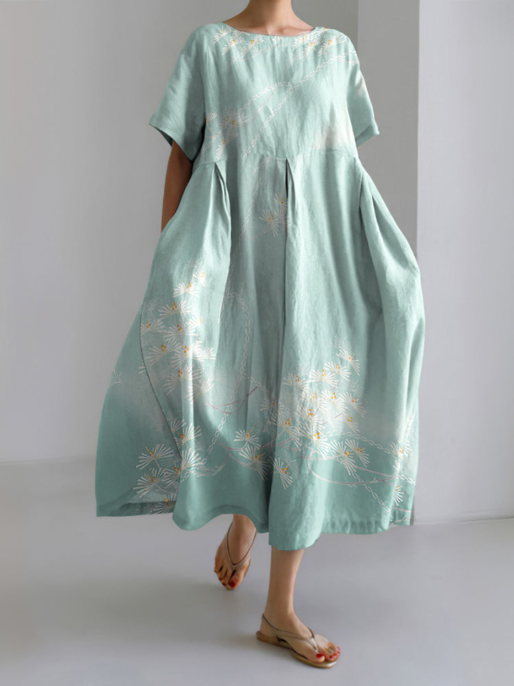 Japanese Art Flower Print Casual Midi Dress