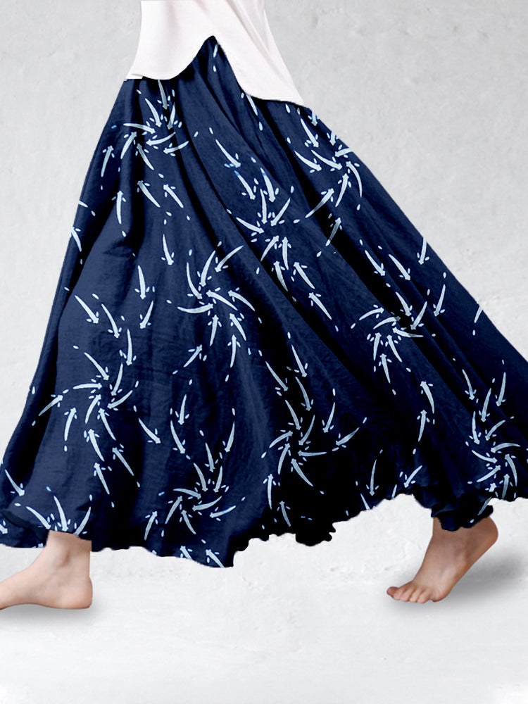 Comstylish Vintage Japanese Medaka Fish Art Linen Blend Flowy Wide Skirt