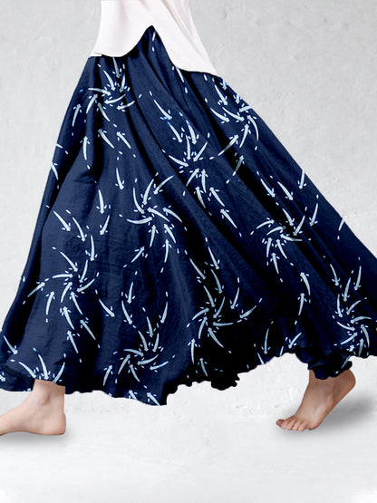 Comstylish Vintage Japanese Medaka Fish Art Linen Blend Flowy Wide Skirt