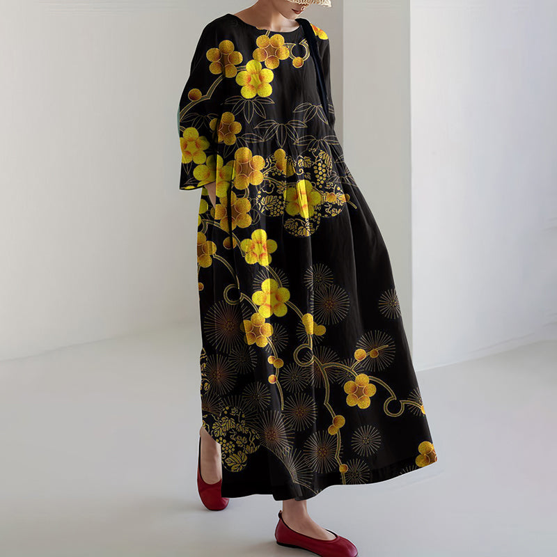 Comstylish Japanese Art Flower Print Long Sleeve Casual Midi Dress