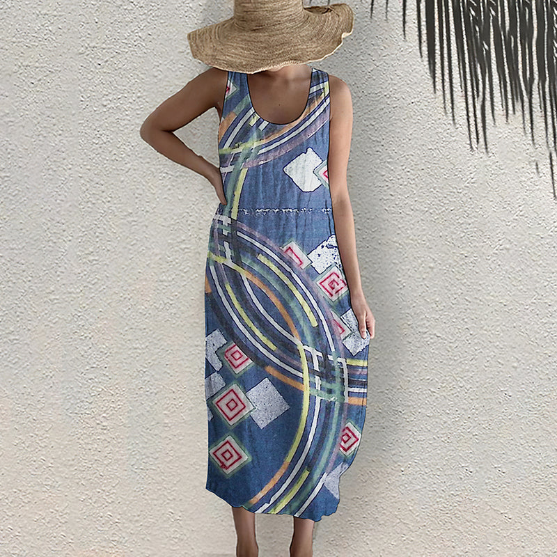 Comstylish Japanese Art Geometric Print Sleeveless Casual Midi Dress