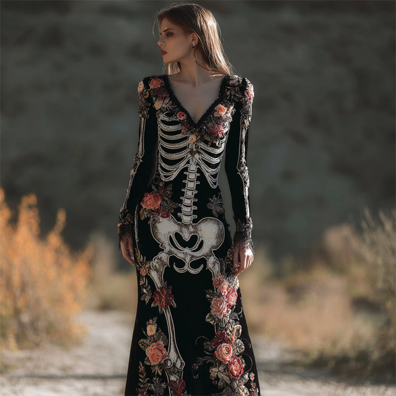 Comstylish Vintage Skeleton Floral Glitter Beaded Cozy Velvet Maxi Dress
