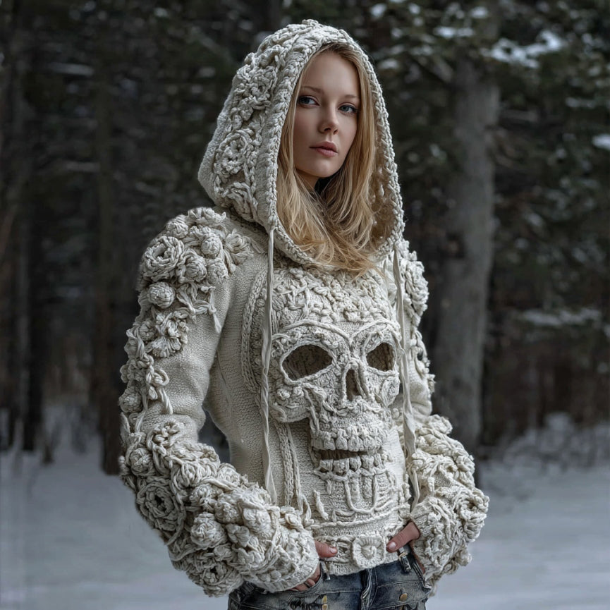 Women's Skull Flower Art Knit Hooded Sweater artswardrobe