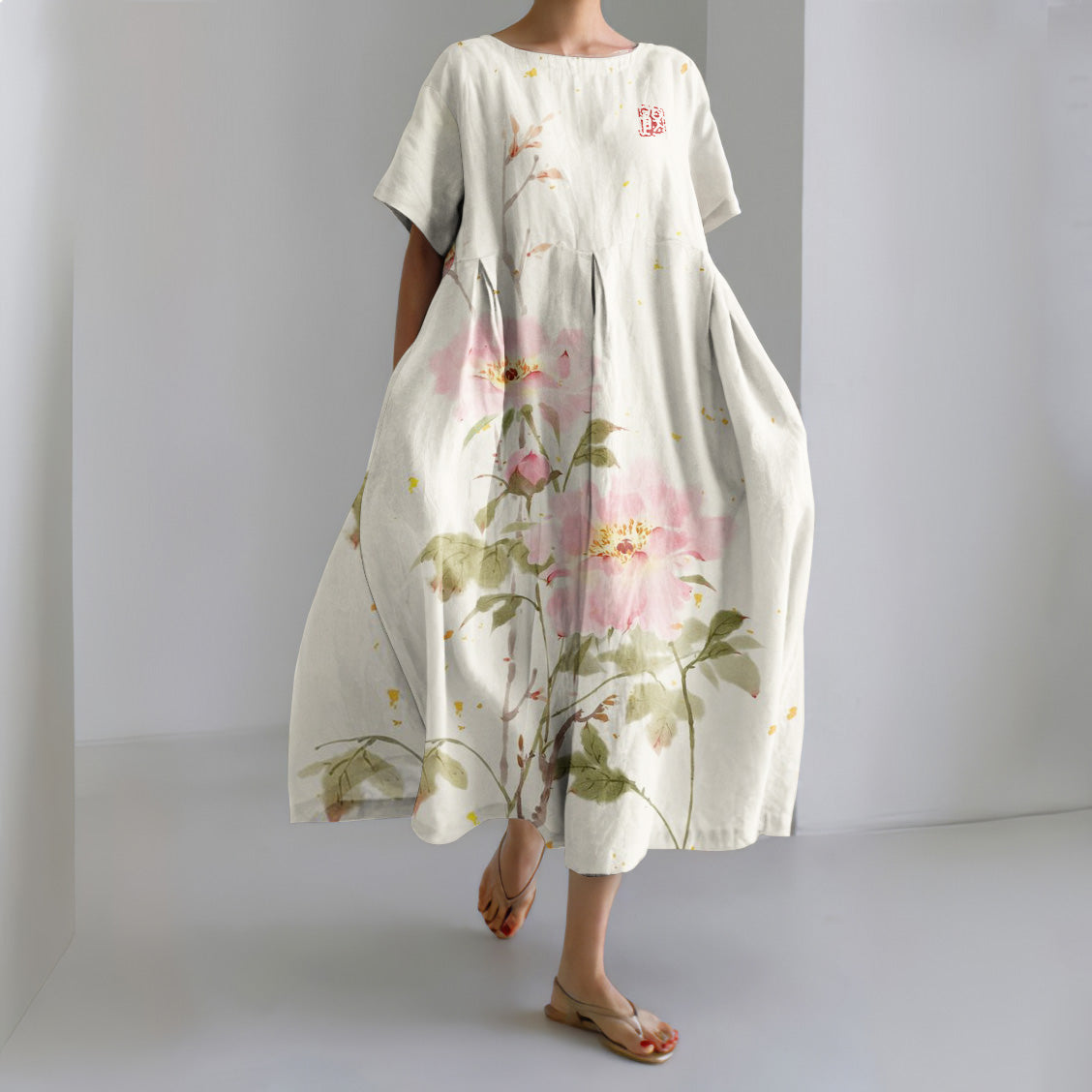 Comstylish Peony Print Round Neck Short Sleeve Midi Dress