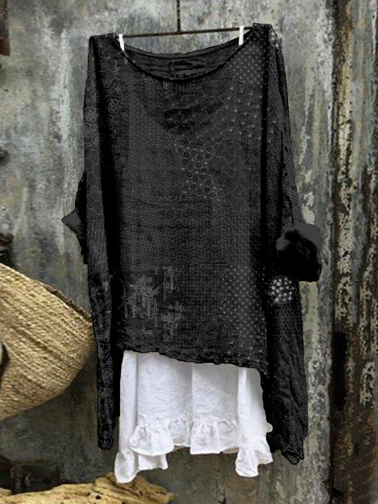 Comstylish Japanese Traditional Sashiko Art Linen Blend Flowy Tunic