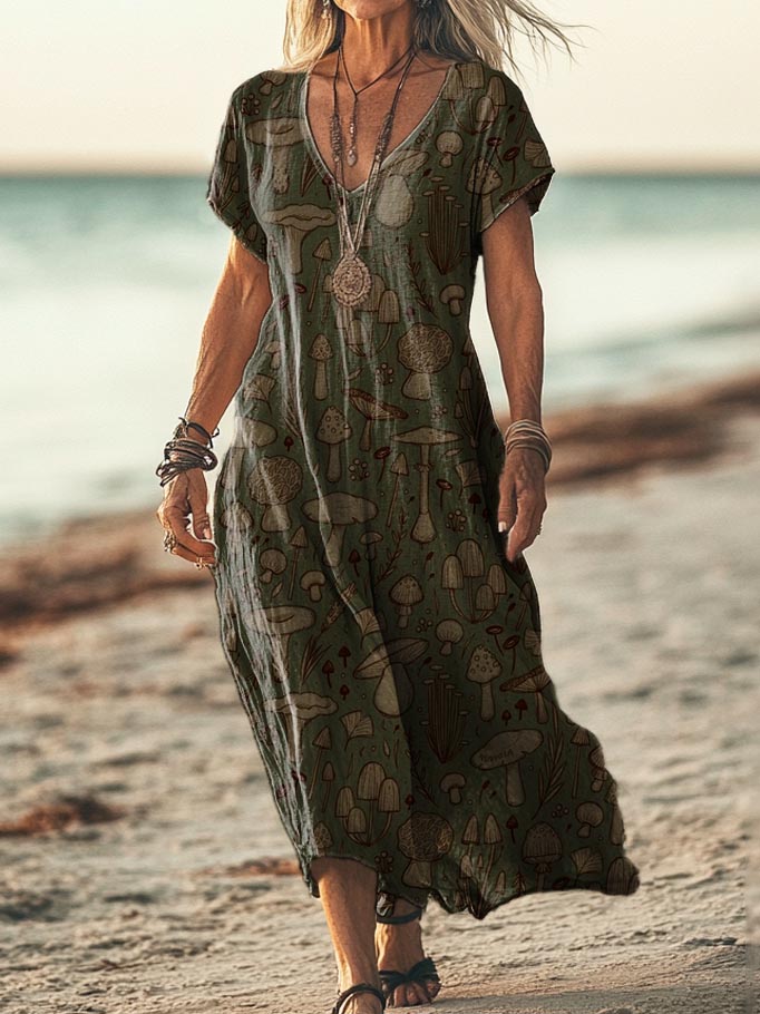 Women's Vintage Ethnic Mushroom Print Pocket Cotton Dress