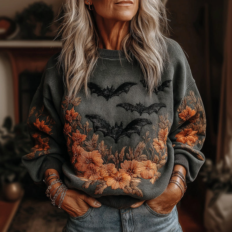Comstylish Vintage Halloween Bat Floral Embroidery Casual Sweatshirt