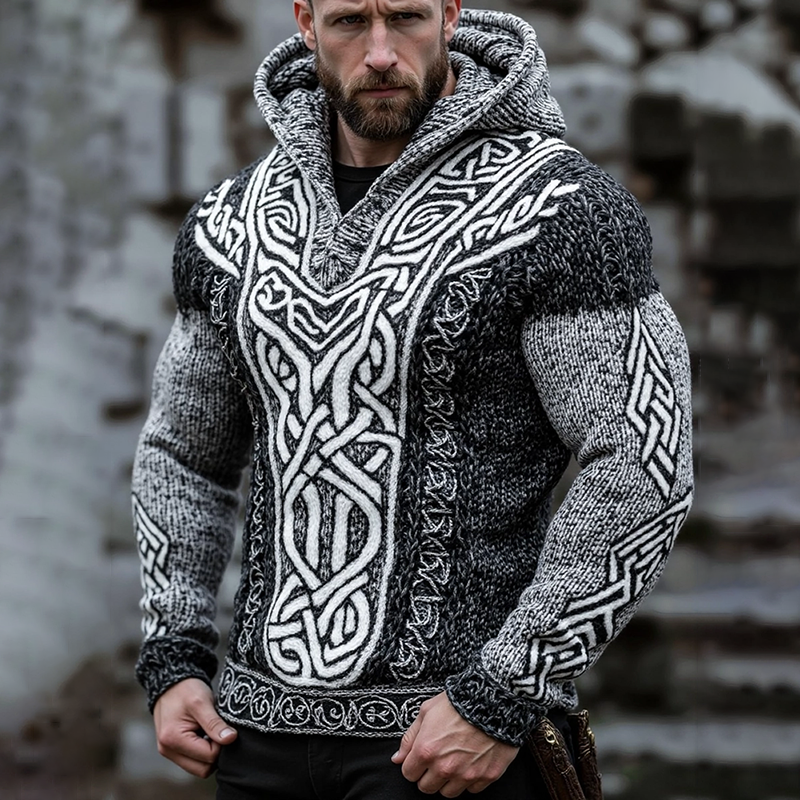 Men's Vintage Viking Celtic Cozy Chunky Hooded Sweater artswardrobe