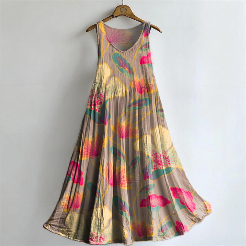 Women's Vintage Ethnic Floral Art Print Sleeveless Cotton Pocket Dress