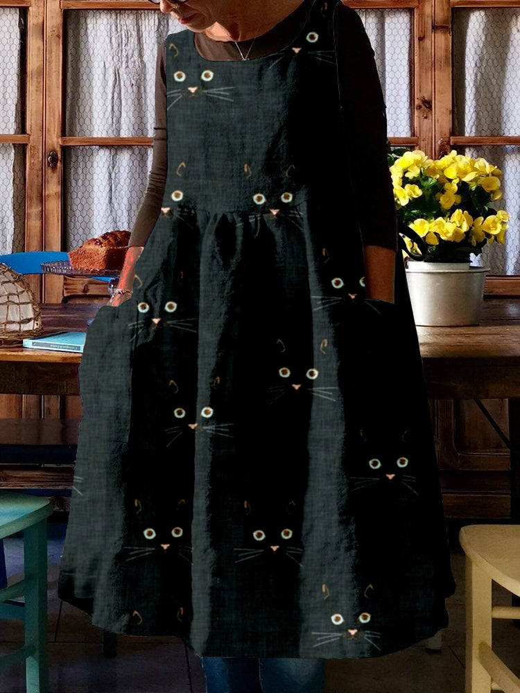 Cute Cat Face Pattern Comfy Midi Pinafore Dress elevenforest