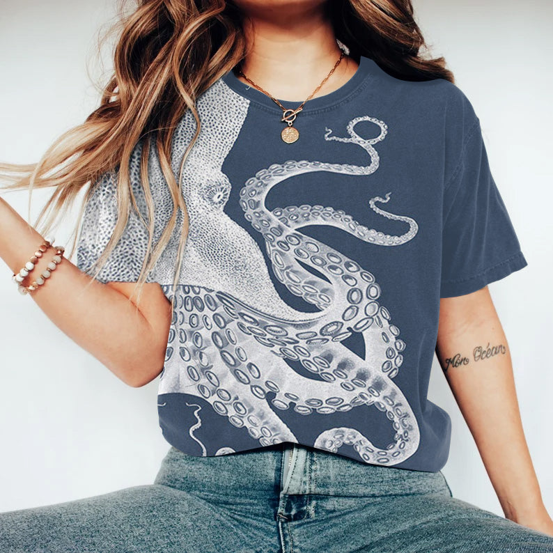 Comstylish Japanese Art Octopus Graphic Printed Casual T-Shirt