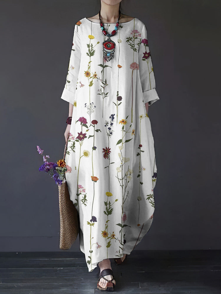 Casual Crew Neck Floral Art Print Cotton Linen Maxi Dress