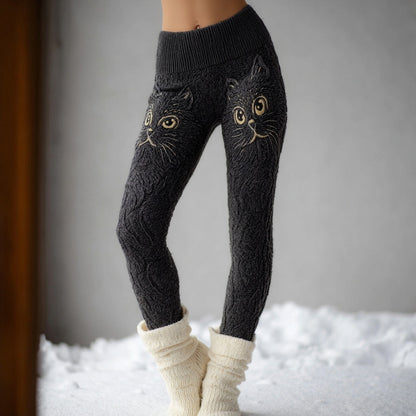 Comstylish Cute Cat Face Embroidered Comfy Knit Leggings