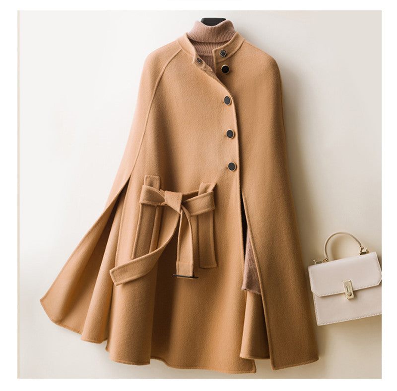 New Lace-Up Loose Mid-Length Double-faced Wool Cape Coat