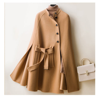 New Lace-Up Loose Mid-Length Double-faced Wool Cape Coat