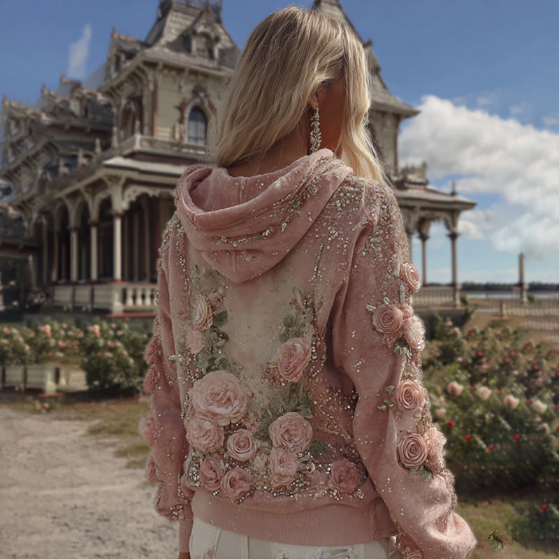 Comstylish Vintage Pink Floral Embroidery Gradient Art Casual Hooded