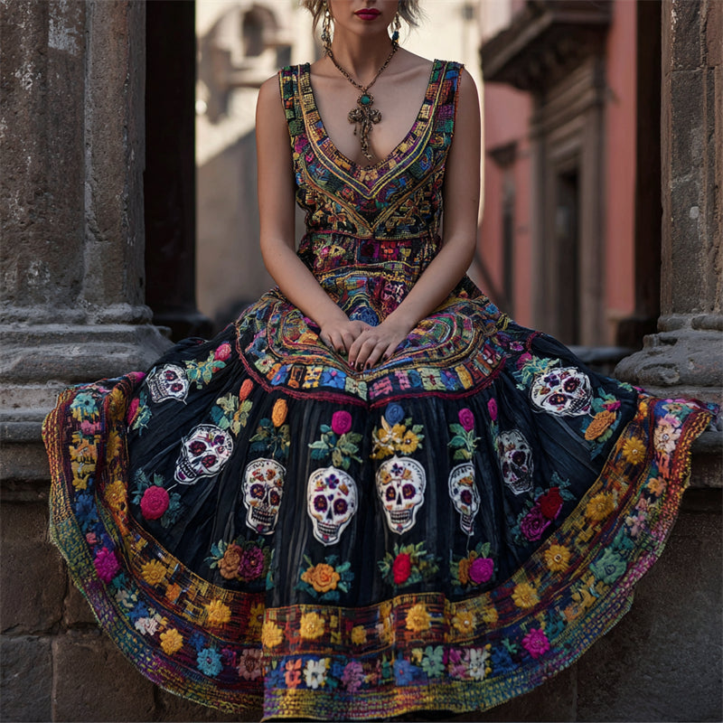 Comstylish Day Of The Dead Sugar Skulls Floral Embroidered Linen Maxi Dress