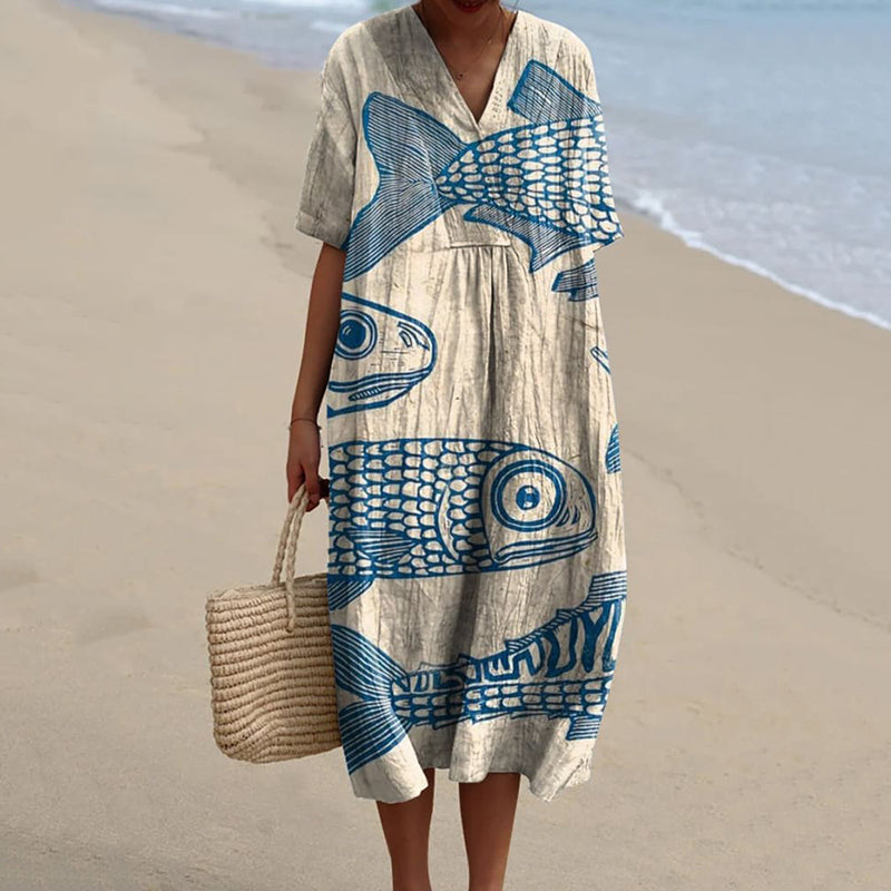 Comstylish Women's Vintage Fish Art Print Flowy Dress