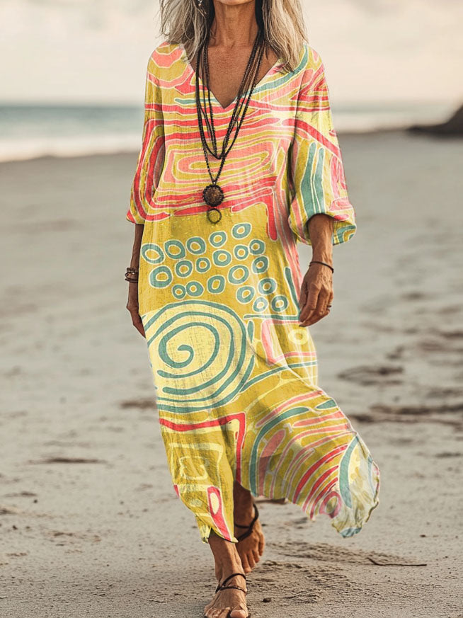 Women's Colorful Irregular Pattern Art Print Pocket Cotton Dresses