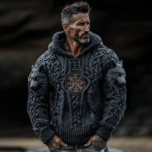 Men's Viking Vegvisir Wolf Celtic Jacquard Knitted Hooded Sweater elevenforest
