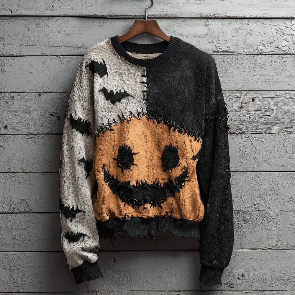 Pumpkin Emoji Bat Irregular Patchwork Women's Sweater artswardrobe