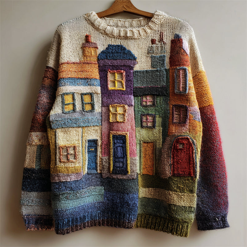 Street Buildings Colorblock Crochet Cozy Knit Sweater artswardrobe