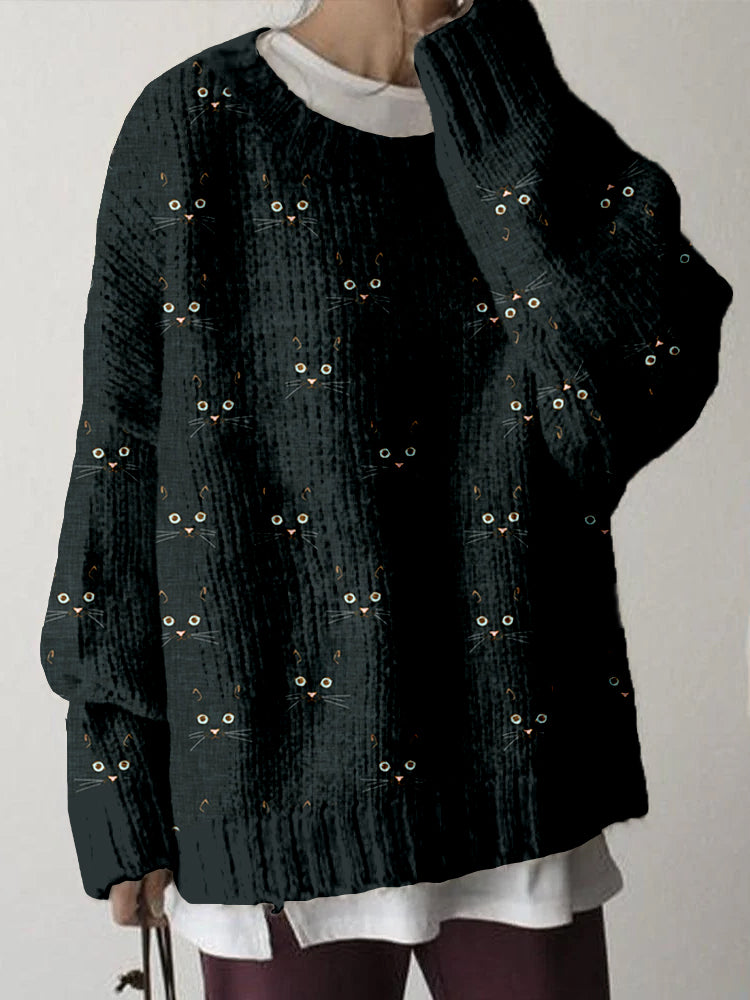 Comstylish Cute Cat Face Pattern Crew Neck Comfy Sweater