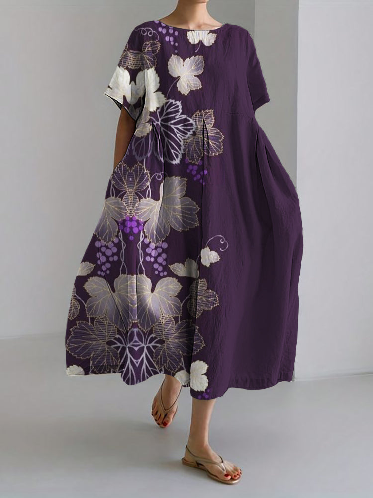 Comstylish Grape Vines Japanese Art Linen Blend Maxi Dress