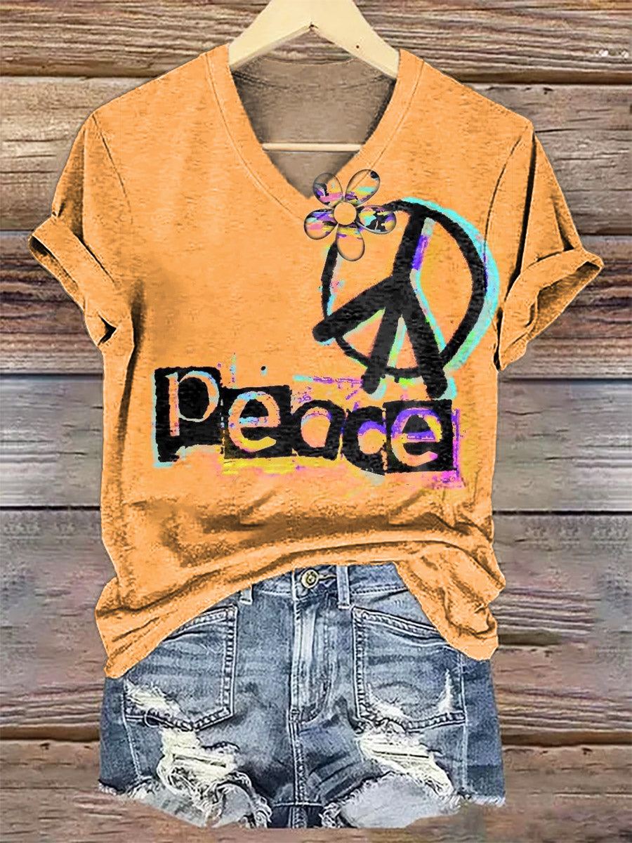 Women's Peace-loving Hippy Art Print V-Neck T-Shirt