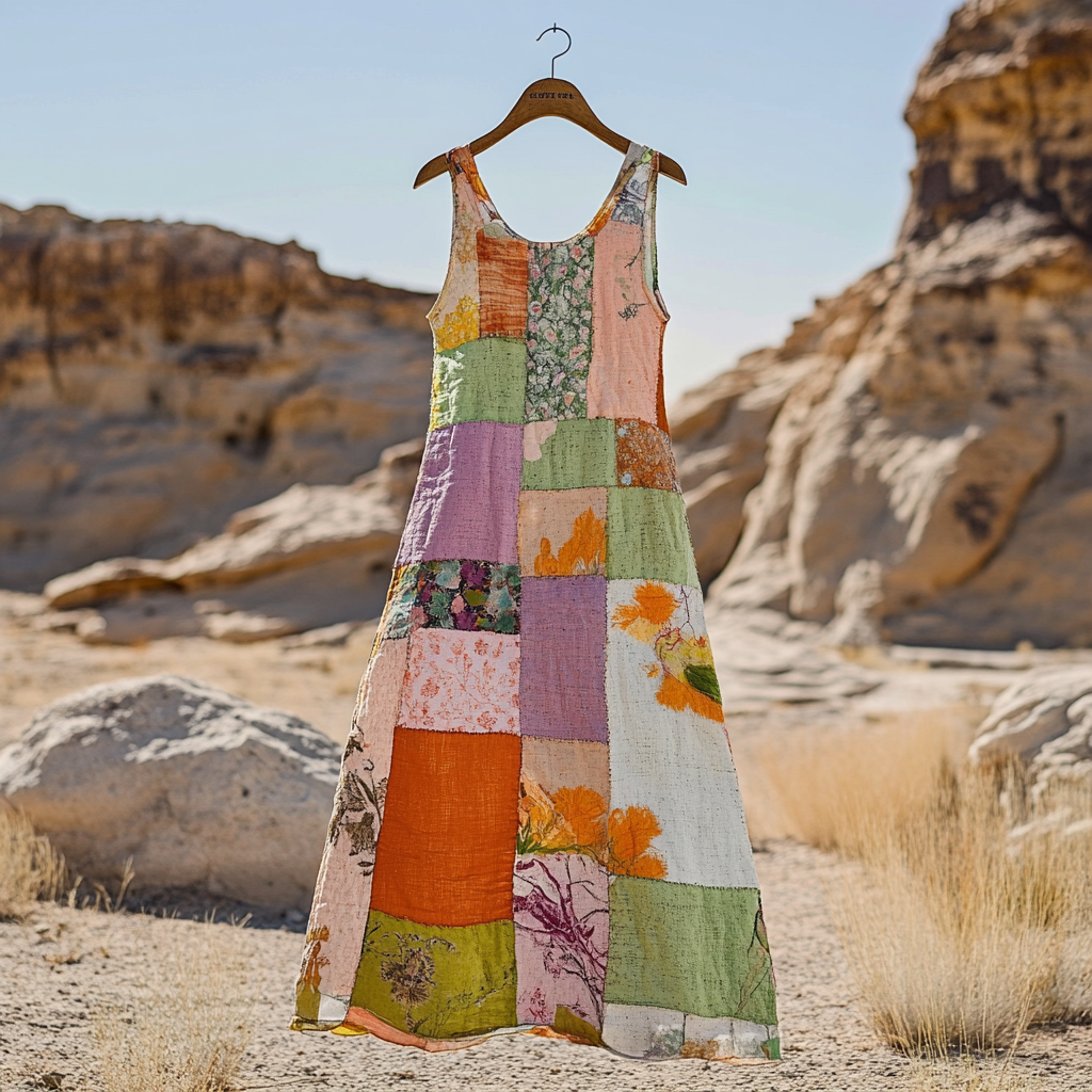 Comstylish Women's Vintage Bohemian Floral Patch Cotton And Linen Dress