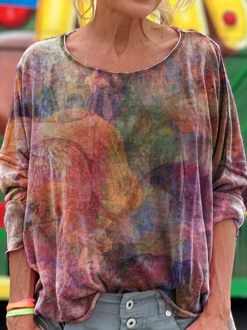 Women's Vintage Abstract Art Print Casual Long Sleeve T-shirt