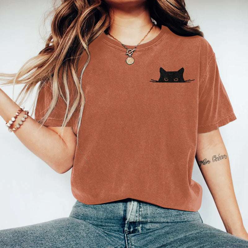 Abstract Creative Embroidered Black Cat Art Print  T-shirt elevenforest