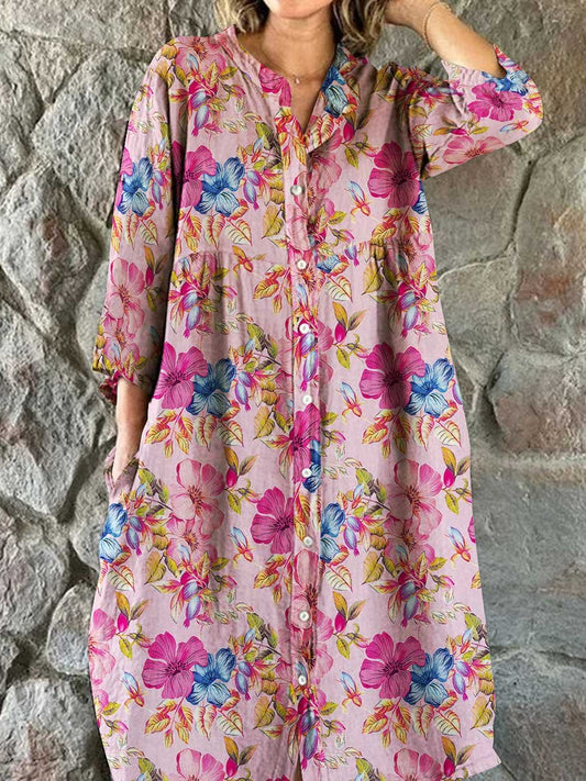 Women's Elegant Vintage Floral Print Shirt Style Cotton and Linen Dres