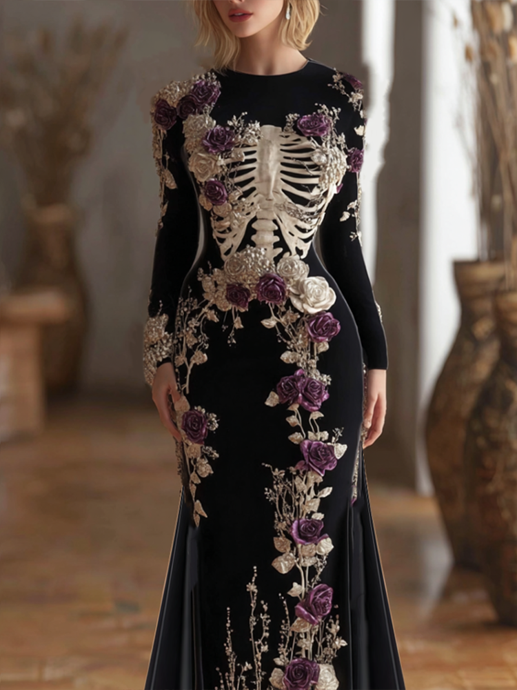 Comstylish Halloween Theme Lady Round Neck Fitted Velvet Long Dress