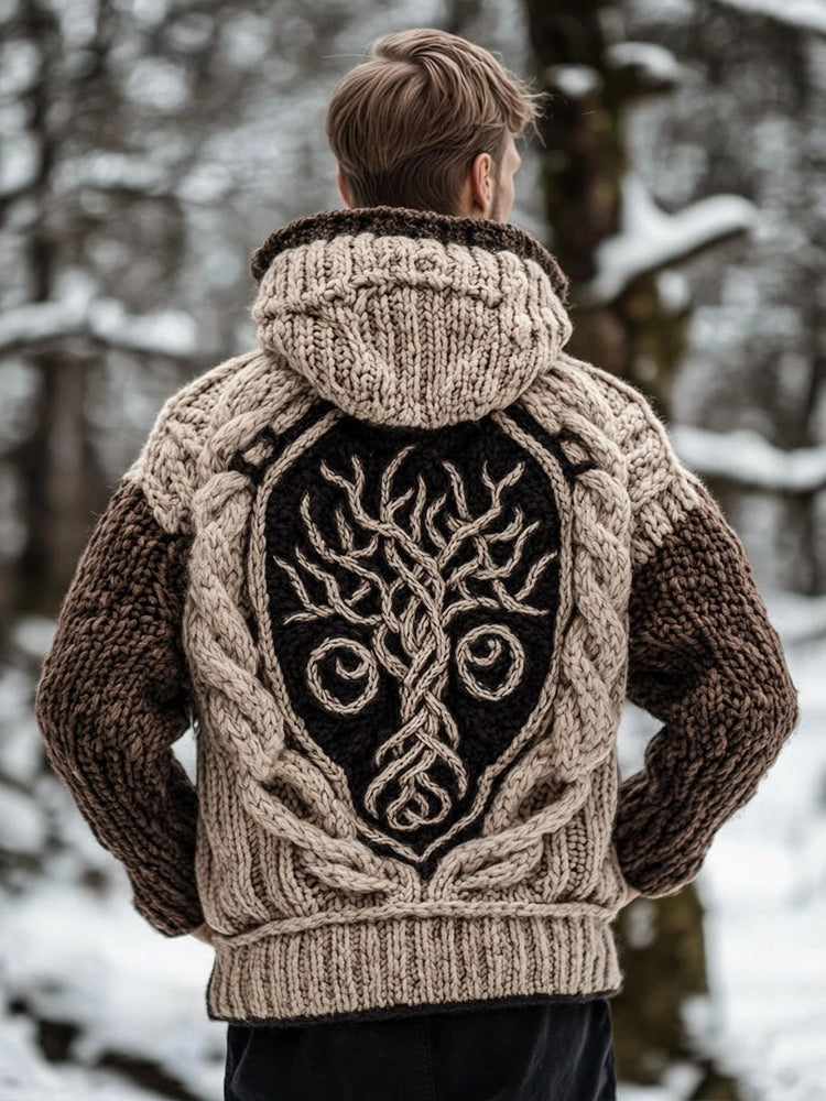 Men's Vintage Viking Style Contrast Color Knit Hooded Cardigan artswardrobe
