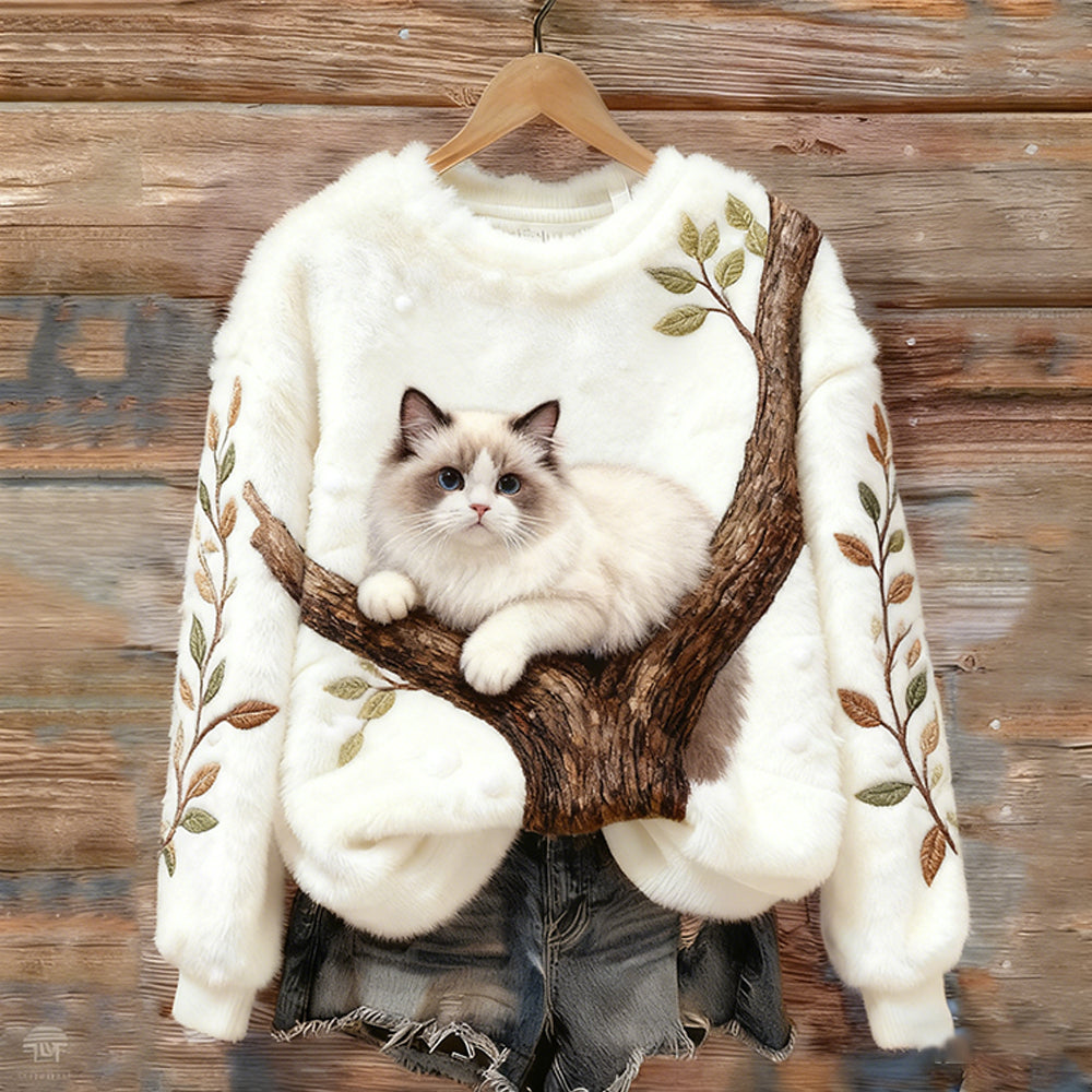 Comstylish Hiding Cat On A Tree Flannel Crewneck Sweatshirt