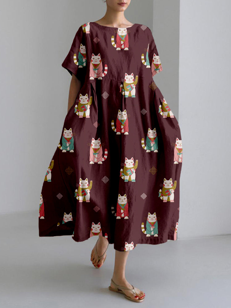 Comstylish Japanese Lucky Cats with Fish Linen Blend Maxi Dress