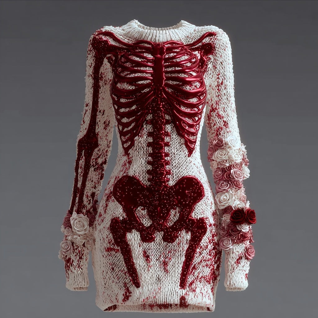 Classy Bloody Skeleton Anatomy Roses Cozy Sweater Dress artswardrobe