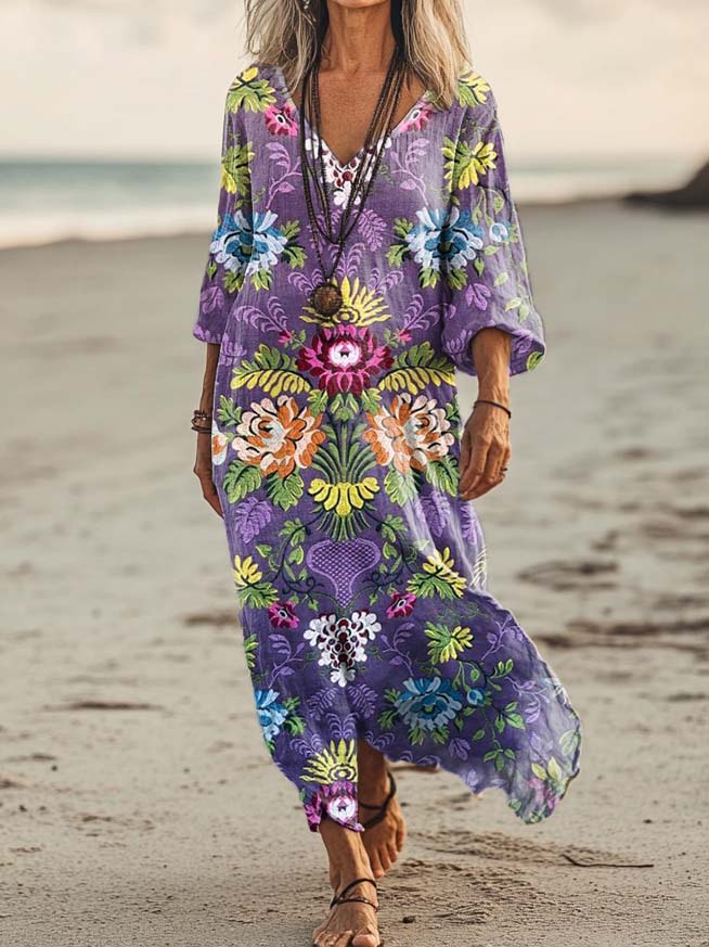 Women's Floral Art Print Pocket Cotton Dress