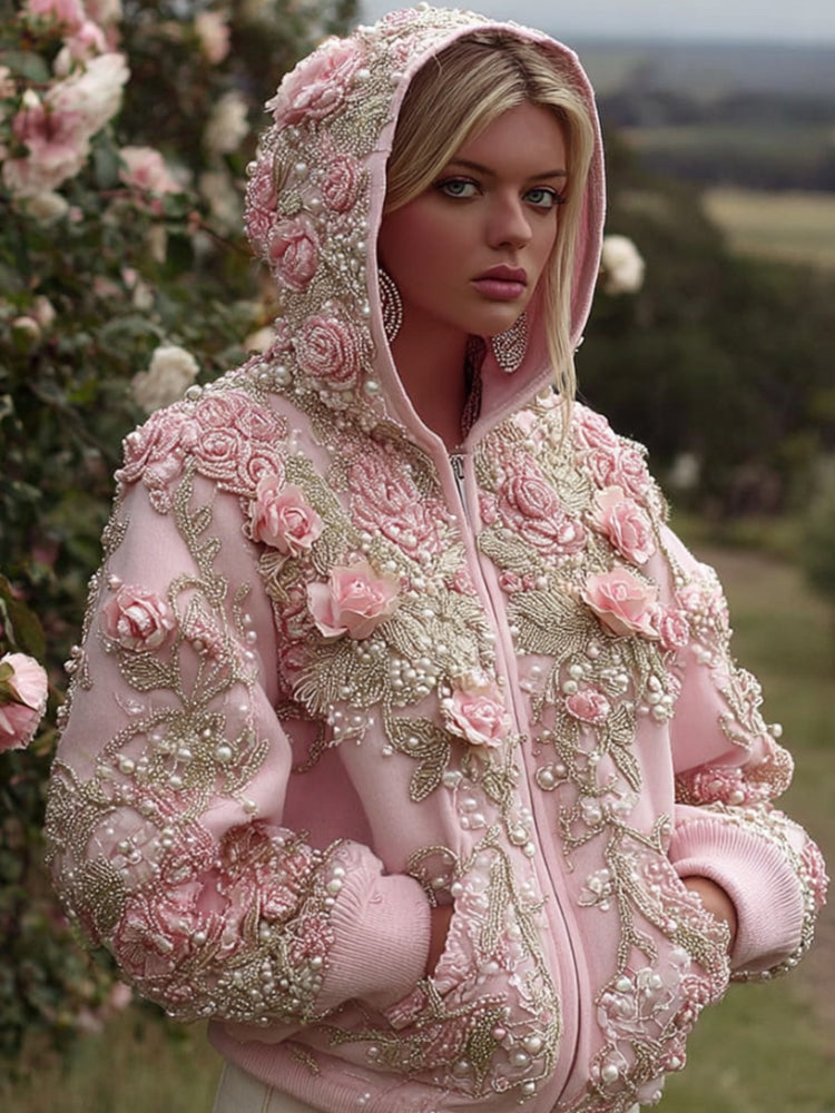 Comstylish Bohemian Pink Little Rose Gold Vine Embroidered Retro Hoodie