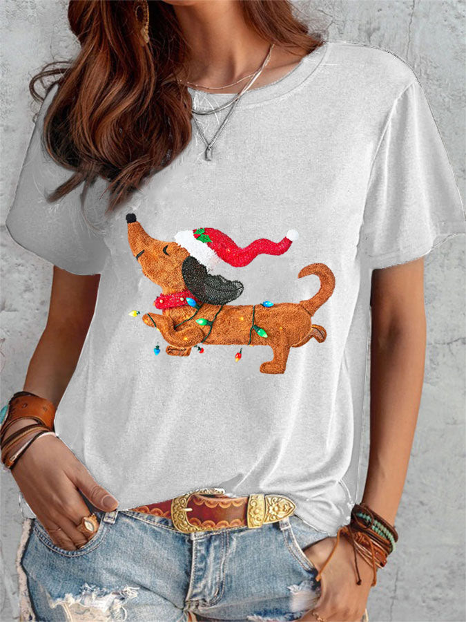 Comstylish Women's Merry Christmas Cute Dog Print T-Shirt
